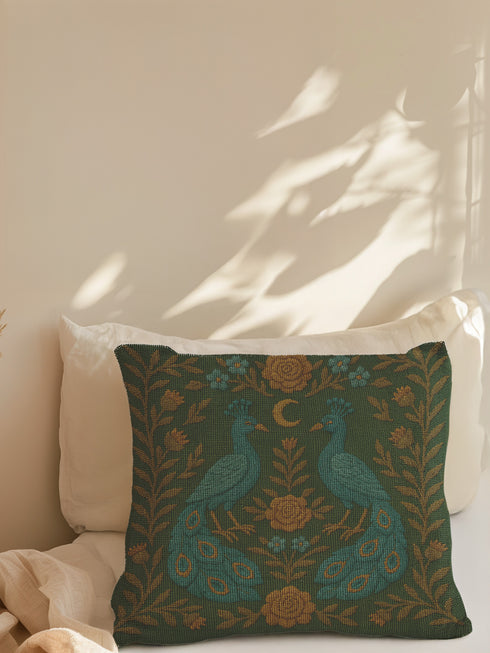 Square woven tapestry pillow featuring two symmetrical embroidered peacocks with a crescent moon and floral detailing on a dark background. The pillow measures 17x18 inches and is crafted from a cotton-polyester blend with plush poly fill. Both sides display the same ornate design. Decorative and gothic in style, suitable for cottagecore, whimsigoth, and folklore-inspired home decor settings.